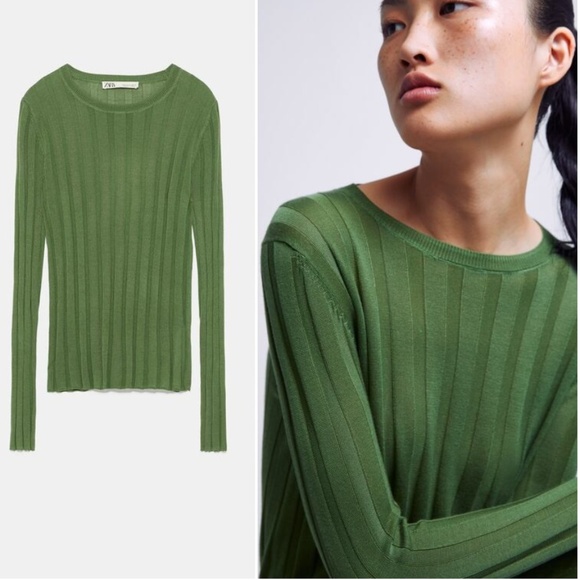 Green Knit Ribbed Sweater 